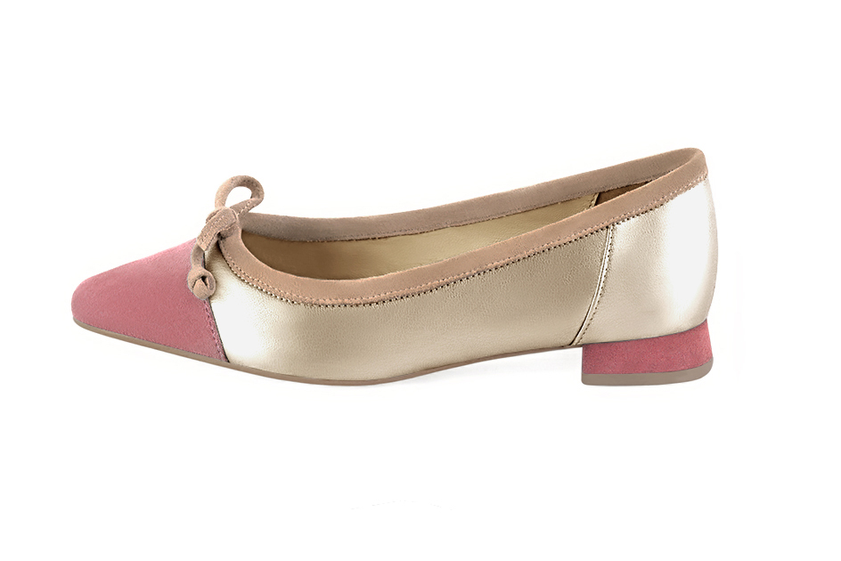Dusty rose pink, gold and biscuit beige women's ballet pumps, with low heels. Square toe. Flat flare heels. Profile view - Florence KOOIJMAN